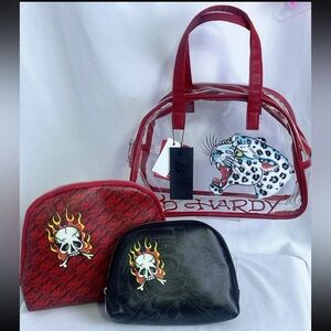 NWT Ed Hardy 3 Piece Set with Satchel & 2 Cosmetic Bags